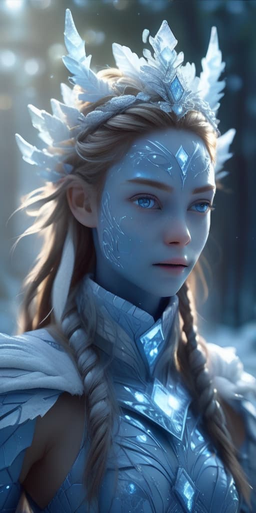  A cute child portrait of an ice elemental human, delicate icy patterns on skin, frosty blue eyes, wearing a crystalline crown, surrounded by a cinematic background of a snow covered forest, with studio lighting emphasizing the frosty details, hyper detailed, beautifully color graded, 8k photorealistic, global illumination, volumetric lighting.