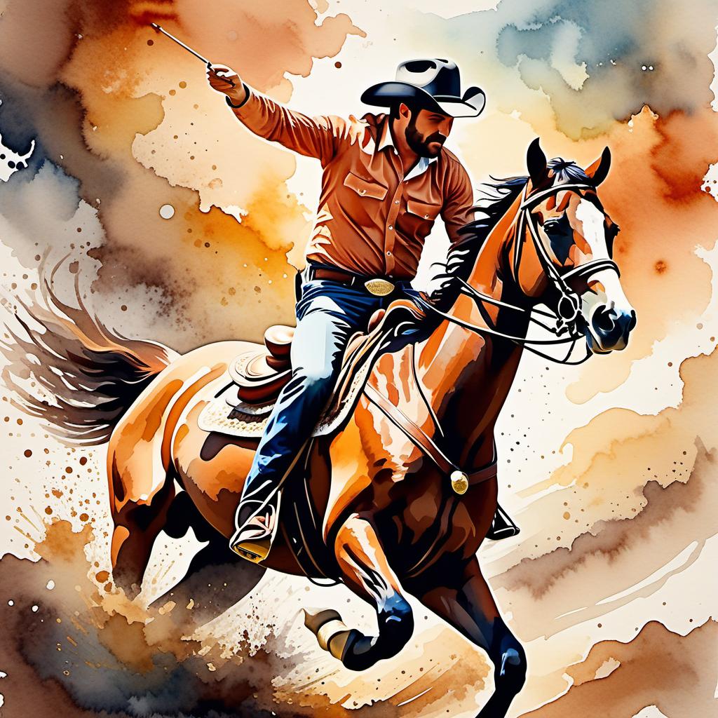  Create a watercolor painting of a man ridding a bucking horse at a rodeo. The background features soft, watercolor style splashes in earthy tones, giving the image an artistic and dreamy feel. Ensure the overall image has a delicate watercolor effect.