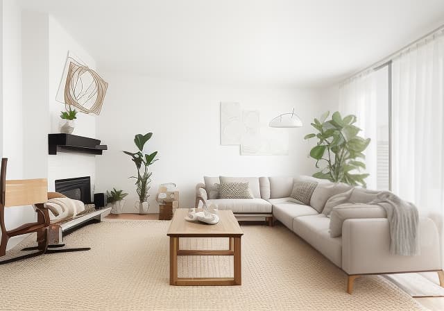  Living Room, Cozy, comfortable, family time, relaxation, entertainment, decor, furniture, lighting The room depicted in the image exhibits a minimalist and contemporary living room theme, emphasizing clean lines and neutral tones. Contemporary minimalist living room with a white sectional sofa, wooden accent chairs, geometric rug, and large leaf artwork. minimalist, contemporary, living room, white sectional sofa, wooden accent chairs, geometric rug, large leaf artwork earhty colors