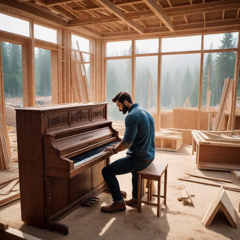  A carpenter building a piano on a house construction site, showcasing the dedication to small details in a project. hyperrealistic, full body, detailed clothing, highly detailed, cinematic lighting, stunningly beautiful, intricate, sharp focus, f/1. 8, 85mm, (centered image composition), (professionally color graded), ((bright soft diffused light)), volumetric fog, trending on instagram, trending on tumblr, HDR 4K, 8K