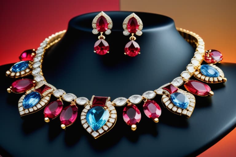  "Closeup of an elegant woman's neck and shoulders adorned with sparkling, high quality jewelry. The focus is on a stunning necklace and matching earrings, featuring intricate designs with diamonds and gemstones. The background is a soft, blurred gradient of warm tones, ensuring the jewelry stands out. The lighting is soft and flattering, highlighting the brilliance and details of the jewelry. The overall mood is luxurious and sophisticated, with a realistic and high definition quality that captures every fine detail. The style is modern and chic, perfect for a high end clearance sale advertisement."Ensure no face,leg,hand or eye defomities.Ensure all images are clear, detailed, contains no text and no deformities. realistic, highly detailed hyperrealistic, full body, detailed clothing, highly detailed, cinematic lighting, stunningly beautiful, intricate, sharp focus, f/1. 8, 85mm, (centered image composition), (professionally color graded), ((bright soft diffused light)), volumetric fog, trending on instagram, trending on tumblr, HDR 4K, 8K