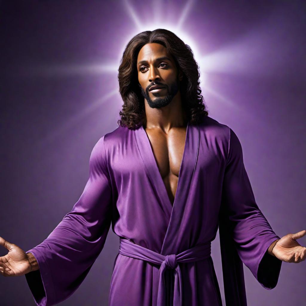  A powerful depiction of Black Jesus with a muscular physique. He is wearing a purple robe and exudes strength and compassion. His expression is joyful as he raises his hands, saying 'Hallelujah.' The background is serene with a heavenly light, highlighting the divine atmosphere of the scene. hyperrealistic, full body, detailed clothing, highly detailed, cinematic lighting, stunningly beautiful, intricate, sharp focus, f/1. 8, 85mm, (centered image composition), (professionally color graded), ((bright soft diffused light)), volumetric fog, trending on instagram, trending on tumblr, HDR 4K, 8K