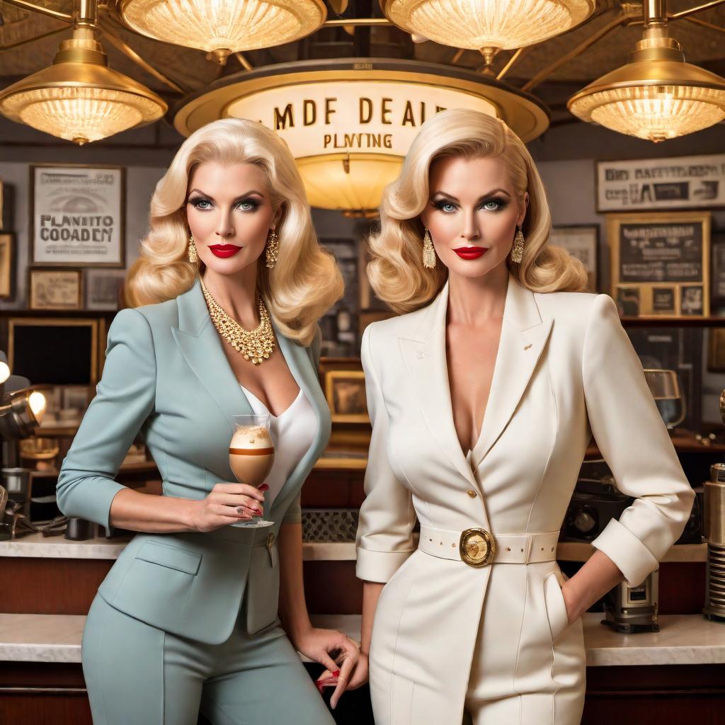  Create several more podcast covers in the vintage cartoon style, featuring two distinct blonde women in their late 30s. The women should be elegantly dressed in detailed outfits, one holding an espresso martini, and they should appear to be enjoying themselves in an upscale room set up for podcasting with microphones and headphones. The title 'Plotting Greatness' should be prominently displayed on each cover. Use inviting and warm colors like gold, white, and soft pastels to ensure each cover is eye-catching and conveys a sense of refinement and success, matching the vintage cartoon aesthetic of mid-20th century advertising. hyperrealistic, full body, detailed clothing, highly detailed, cinematic lighting, stunningly beautiful, intricate, sharp focus, f/1. 8, 85mm, (centered image composition), (professionally color graded), ((bright soft diffused light)), volumetric fog, trending on instagram, trending on tumblr, HDR 4K, 8K