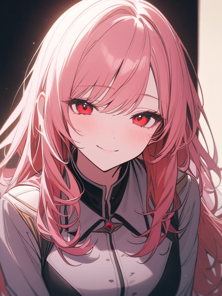  Pink hair, long hair, menhera, red eye, uniform, smile, masterpiece, best quality,8k,ultra detailed,high resolution,an extremely delicate and beautiful,hyper detail