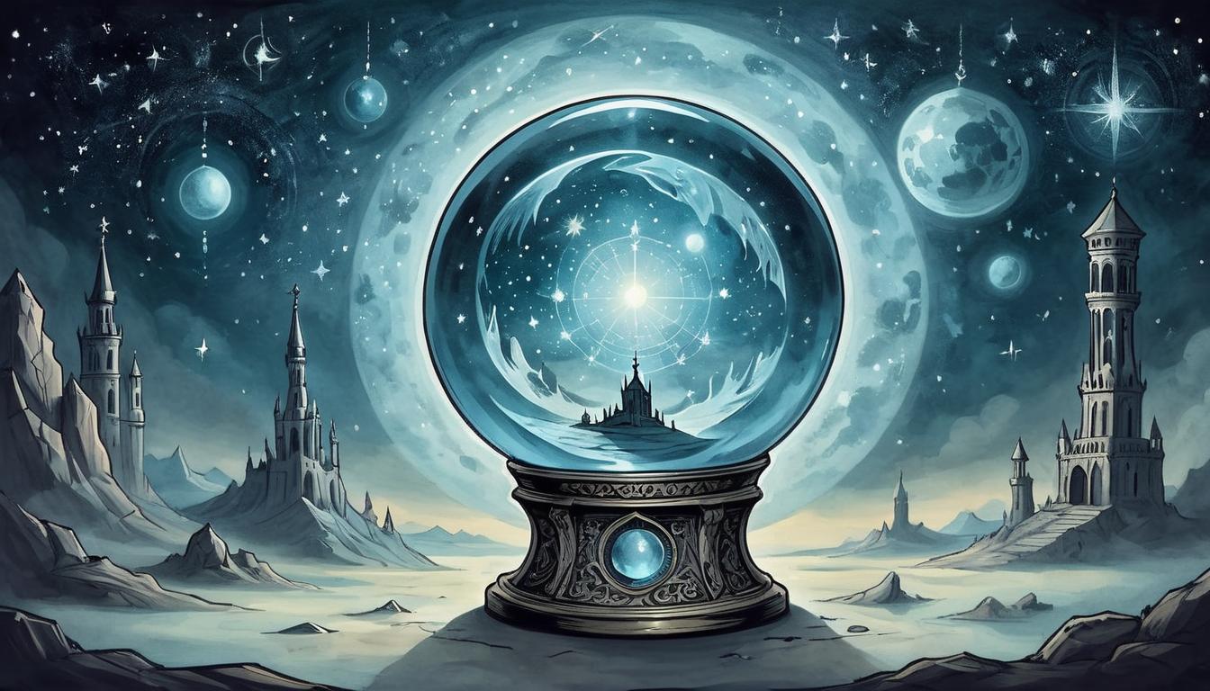  on parchment, surrealism+++, A glowing crystal ball emitting a soft, ethereal light, reflection of the night sky within, symbols of constellations, shadows of unknown figures, mystical, enigmatic, foretelling(mysterious, provocative, symbolic,muted color)+++