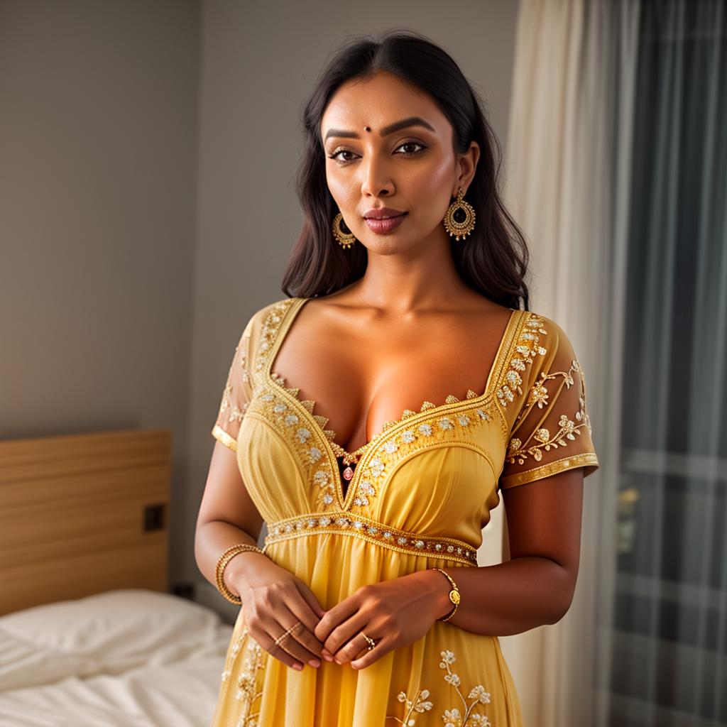  The image shows a Indian woman wearing a yellow nightgown. The nightgown is made of satin and has a floral pattern embroidered on the front. It has a V neckline and short sleeves. The woman is standing at bedroom, Clean Face of Jodie Comer, Bindi, ear rings, Bangles, hyperrealistic, full body, detailed clothing, highly detailed, cinematic lighting, stunningly beautiful, intricate, sharp focus, f/1. 8, 85mm, (centered image composition), (professionally color graded), ((bright soft diffused light)), volumetric fog, trending on instagram, trending on tumblr, HDR 4K, 8K