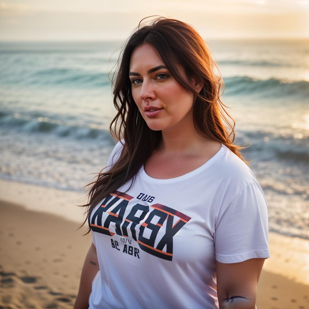  a Chubby American woman at beach, portrait, Jean's tshirt, low saturation hyperrealistic, full body, detailed clothing, highly detailed, cinematic lighting, stunningly beautiful, intricate, sharp focus, f/1. 8, 85mm, (centered image composition), (professionally color graded), ((bright soft diffused light)), volumetric fog, trending on instagram, trending on tumblr, HDR 4K, 8K