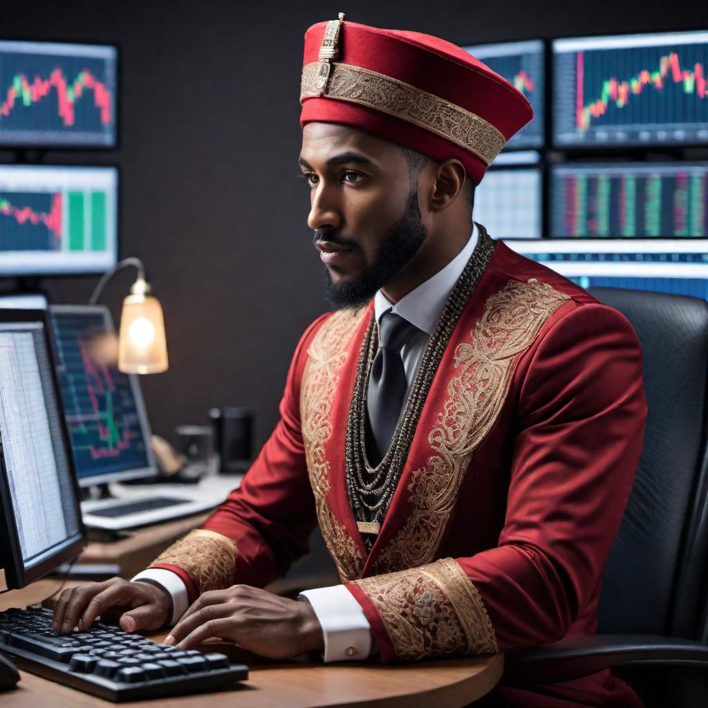  A Moorish American man trading stocks on his computer. The man is wearing a fez and traditional clothing, sitting at a modern desk with multiple computer screens showing stock market charts and trading platforms. The background features a contemporary office with elements of Moorish design, like ornate patterns and arches, blending the traditional with the modern. The man looks focused and engaged, using a mouse and keyboard to make trades. hyperrealistic, full body, detailed clothing, highly detailed, cinematic lighting, stunningly beautiful, intricate, sharp focus, f/1. 8, 85mm, (centered image composition), (professionally color graded), ((bright soft diffused light)), volumetric fog, trending on instagram, trending on tumblr, HDR 4K, 8K