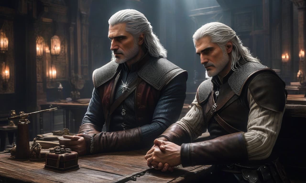  Regis and Geralt from Rivia shake hands with a big plan of realism. Note: "план реализм" is an idiosyncratic phrase that might not have a direct translation, but I have interpreted it as "a big plan of realism" since both "план" and "реализм" are important words in the sentence. The context suggests that this is a planning meeting of some sort, and the word "реализм" could refer to the effort being put into making the plan happen in the real world. hyperrealistic, full body, detailed clothing, highly detailed, cinematic lighting, stunningly beautiful, intricate, sharp focus, f/1. 8, 85mm, (centered image composition), (professionally color graded), ((bright soft diffused light)), volumetric fog, trending on instagram, trending on tumblr, HDR 4K, 8K