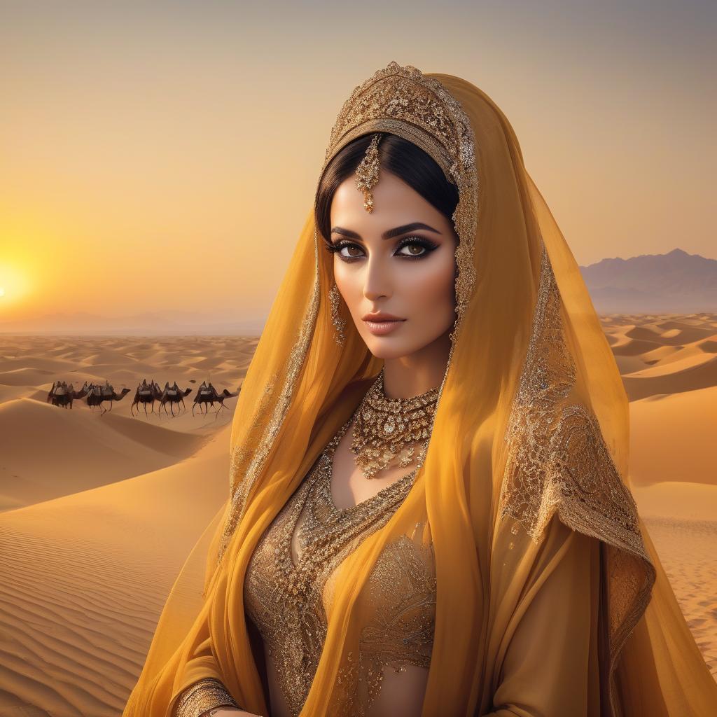  A woman with intricate jewelry and a colorful veil gazes intently, as a caravan of camels traverses a desert with a sunset behind. masterpiece.(Desert + dunes).(the main background is a yellow orange gradient).(The Sheikh's castle is in the background).(In the foreground on the right is a caravan of camels + Arabs).(In the foreground on the left is a beautiful Iranian woman with beautiful black eyes).(The Iranian woman is wearing beautiful clothes + expensive jewelry) (The Iranian woman has an openwork veil on her face, she holds it with her hand). (The most beautiful photo in the world.) hyperrealistic, full body, detailed clothing, highly detailed, cinematic lighting, stunningly beautiful, intricate, sharp focus, f/1. 8, 85mm, (centered image composition), (professionally color graded), ((bright soft diffused light)), volumetric fog, trending on instagram, trending on tumblr, HDR 4K, 8K