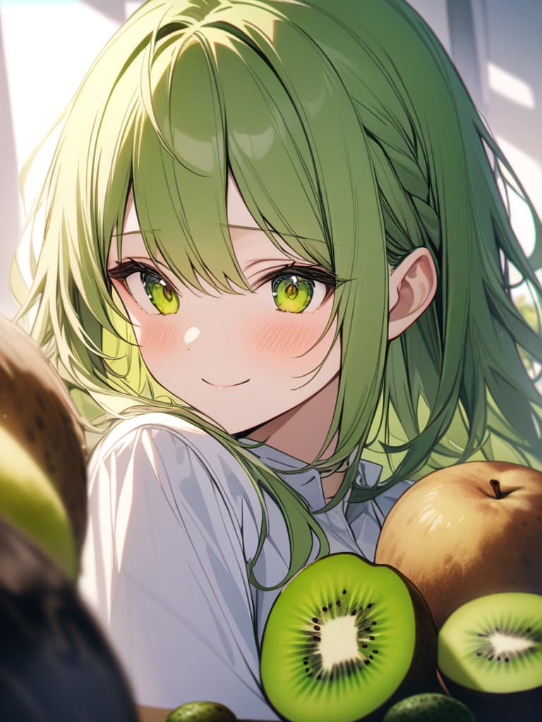  Cute, , yellow green eyes, yellow green hair color, kiwi decoration, kiwi fruit, eye, green , uniform, white shirt, smiling, shy face, masterpiece, best quality,8k,ultra detailed,high resolution,an extremely delicate and beautiful,hyper detail