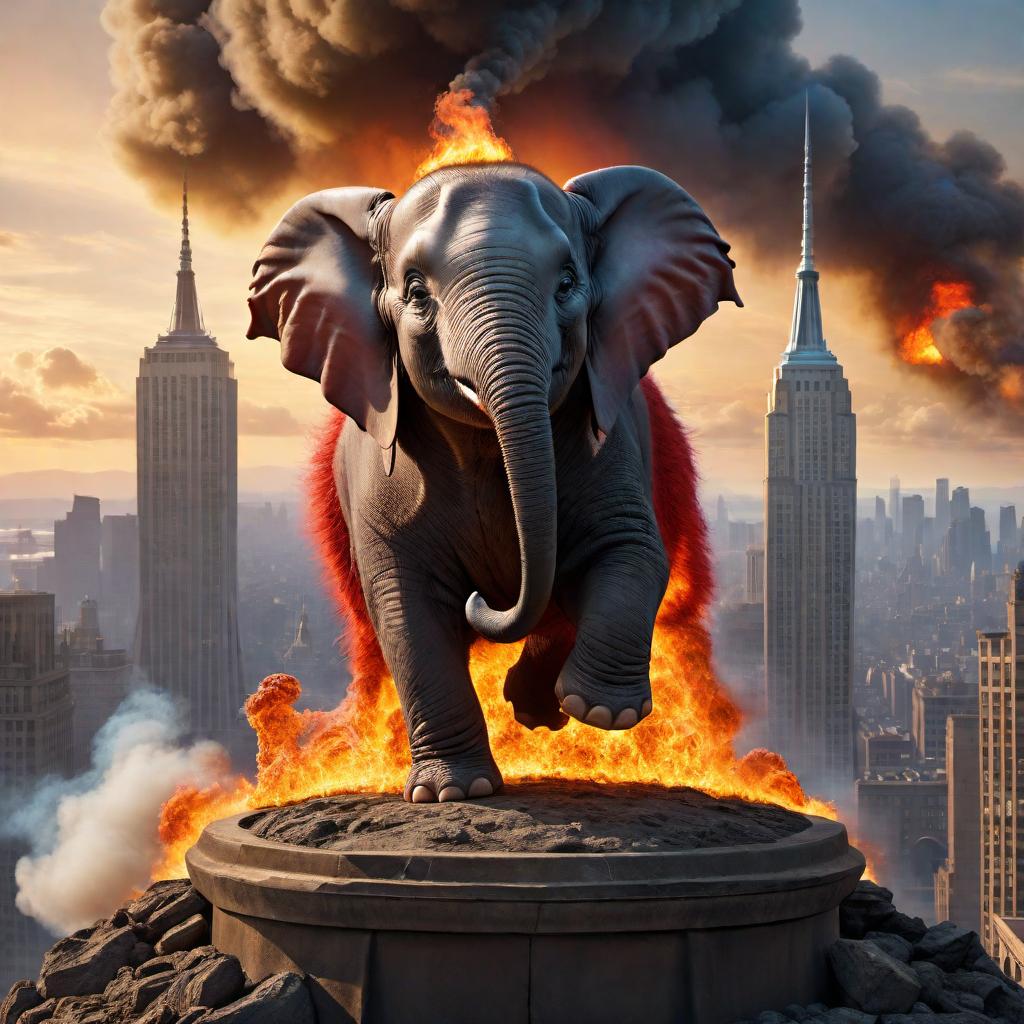  An image of Dumbo the elephant, shooting bullets out of his trunk while standing on top of the world. The world has a burning face inside it, depicting a fiery expression. The scene is intense and surreal, combining elements of fantasy and action. hyperrealistic, full body, detailed clothing, highly detailed, cinematic lighting, stunningly beautiful, intricate, sharp focus, f/1. 8, 85mm, (centered image composition), (professionally color graded), ((bright soft diffused light)), volumetric fog, trending on instagram, trending on tumblr, HDR 4K, 8K