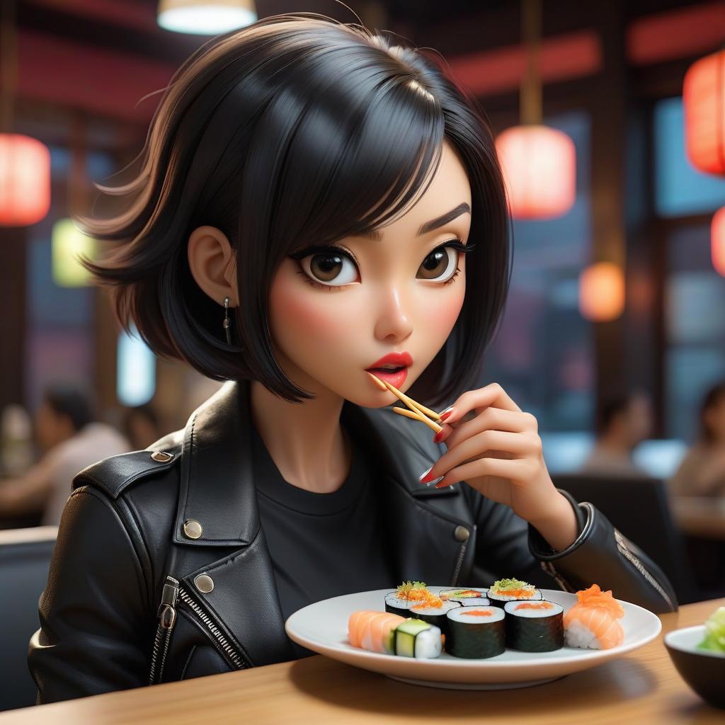  A girl with dark hair, a bob hairstyle, wearing a black top, jeans shorts, and a black leather jacket, is eating sushi, the view is straight on, lighting is fluorescent. hyperrealistic, full body, detailed clothing, highly detailed, cinematic lighting, stunningly beautiful, intricate, sharp focus, f/1. 8, 85mm, (centered image composition), (professionally color graded), ((bright soft diffused light)), volumetric fog, trending on instagram, trending on tumblr, HDR 4K, 8K