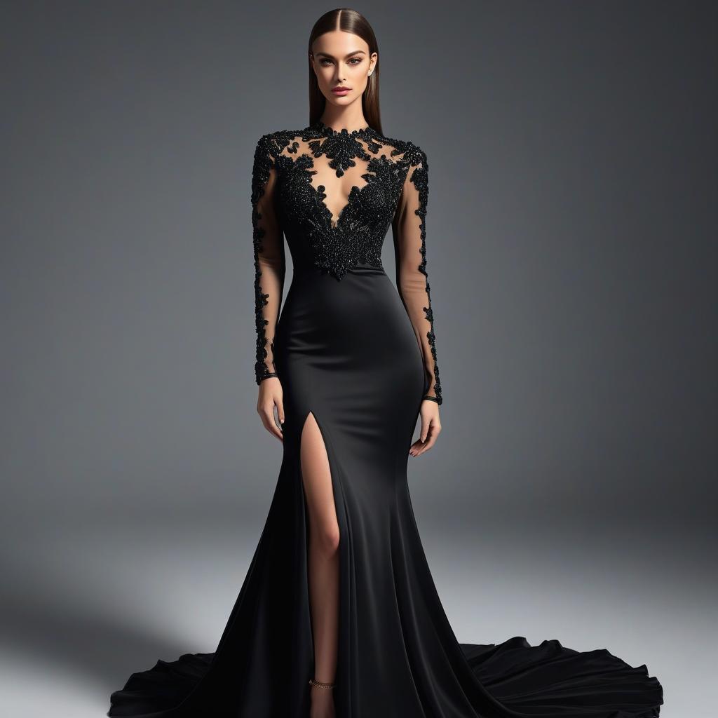  hyperrealistic art Create an image of a long evening dress in black color with long sleeves. The dress is worn by a girl and shown full length. . extremely high resolution details, photographic, realism pushed to extreme, fine texture, incredibly lifelike hyperrealistic, full body, detailed clothing, highly detailed, cinematic lighting, stunningly beautiful, intricate, sharp focus, f/1. 8, 85mm, (centered image composition), (professionally color graded), ((bright soft diffused light)), volumetric fog, trending on instagram, trending on tumblr, HDR 4K, 8K