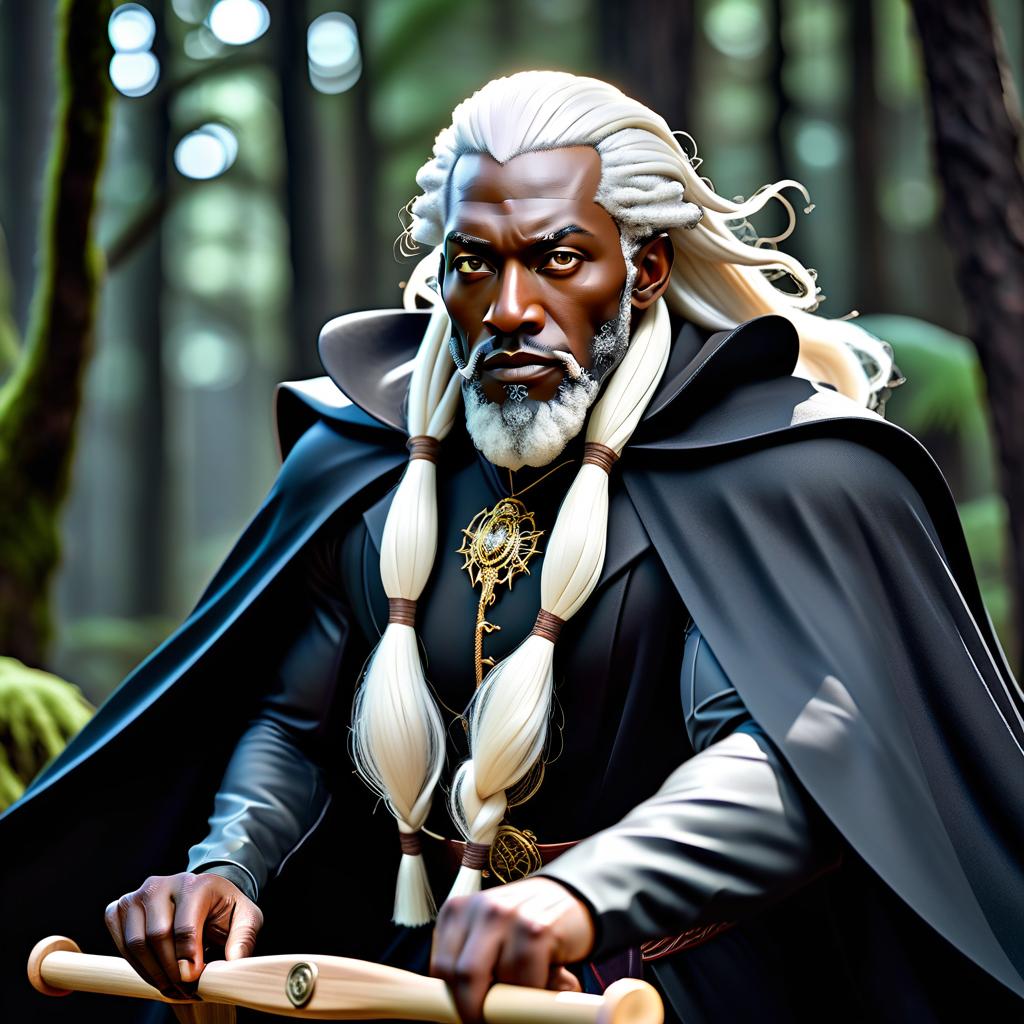  lovecraftian horror A black man in a cape, with two sticks on a sled, a light beard, and long white hair in a ponytail. . eldritch, cosmic horror, unknown, mysterious, surreal, highly detailed hyperrealistic, full body, detailed clothing, highly detailed, cinematic lighting, stunningly beautiful, intricate, sharp focus, f/1. 8, 85mm, (centered image composition), (professionally color graded), ((bright soft diffused light)), volumetric fog, trending on instagram, trending on tumblr, HDR 4K, 8K