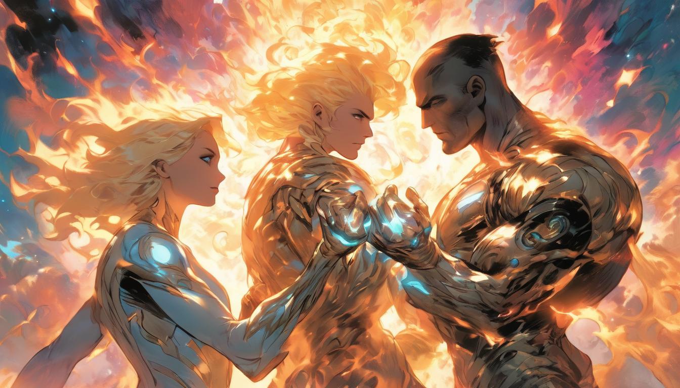  hyperrealism,fantasy aesthetic1man1woman, large busted attractive blonde arian female humanoid and handsome male humanoid, holding hands, cosmic energy swirling around, bright cosmic light in background, decisive, urgent, high tech clothing clad in sleek, futuristic costume with metallic accents and form fitting designs, marvel superhero comics style, unreal engine rendering