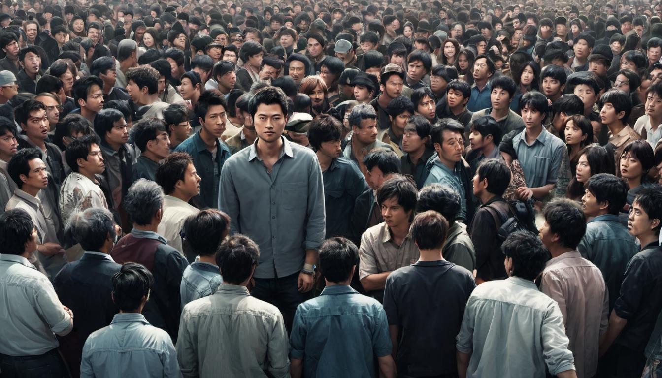  digital illustration, 1man, standing amidst a crowd, all turning away in blur, man in center with clear, calm expression, wearing casual clothes, background fades into dark hues, sense of repulsion, natural exclusion, steadfastness, looking at viewer, dynamic pose, (intricate details, masterpiece, best quality)