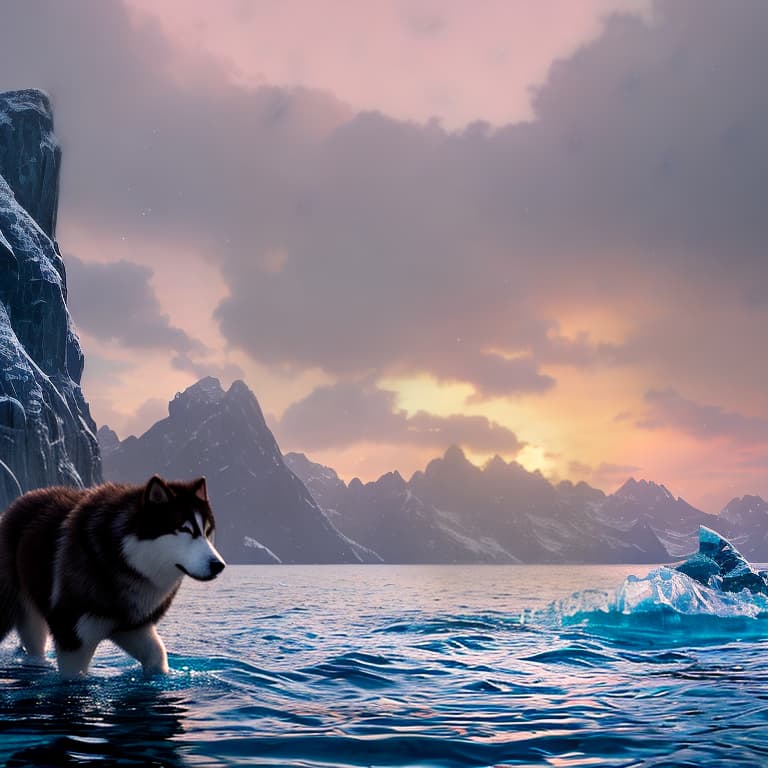 nvinkpunk Image of alaskan malamute walking on sea water hyperrealistic, full body, detailed clothing, highly detailed, cinematic lighting, stunningly beautiful, intricate, sharp focus, f/1. 8, 85mm, (centered image composition), (professionally color graded), ((bright soft diffused light)), volumetric fog, trending on instagram, trending on tumblr, HDR 4K, 8K