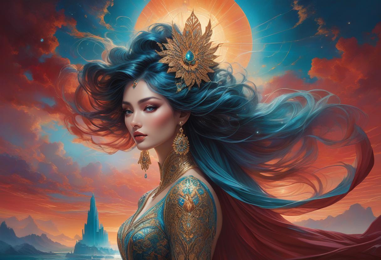  hyperrealistic art Immerse yourself in a mesmerizing and detailed artwork reminiscent of renowned artists. A stunning blend of vibrant colors, intricate patterns, and ethereal beauty set against a magical backdrop. This captivating piece by Karol Bak is a feast for the eyes, rendered in ultra 8K resolution, reflecting the trending style of ARTGERM. In the enchanting style of Anna Silivonchik and Susan Seddon Boulet, infused with the essence of Josephine against a backdrop of a vivid red sunset. Vibrant blues, turquoise, creamy gold hues dominate the scene. Picture an elegant and ethereal setting with a beautifully detailed face, adorned in a volatile dress shimmering with diamonds. Imagine intricate lightning patterns dancing in the sky, em hyperrealistic, full body, detailed clothing, highly detailed, cinematic lighting, stunningly beautiful, intricate, sharp focus, f/1. 8, 85mm, (centered image composition), (professionally color graded), ((bright soft diffused light)), volumetric fog, trending on instagram, trending on tumblr, HDR 4K, 8K