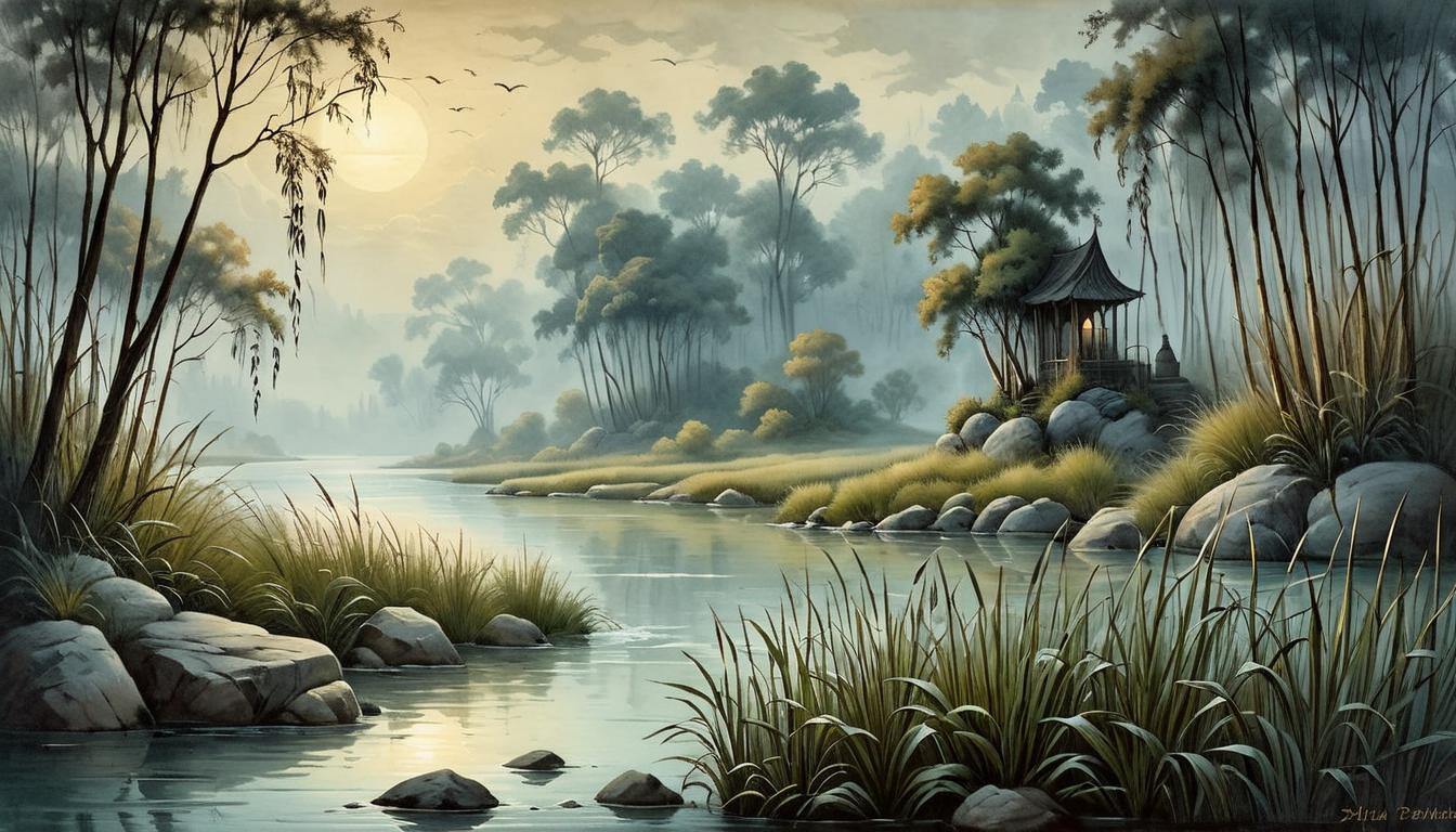  on parchment, surrealism+++, A serene riverside, the water flowing gently over rocks, surrounded by tall reeds, dusk setting in, calm refuge, introspective(mysterious, provocative, symbolic,muted color)+++