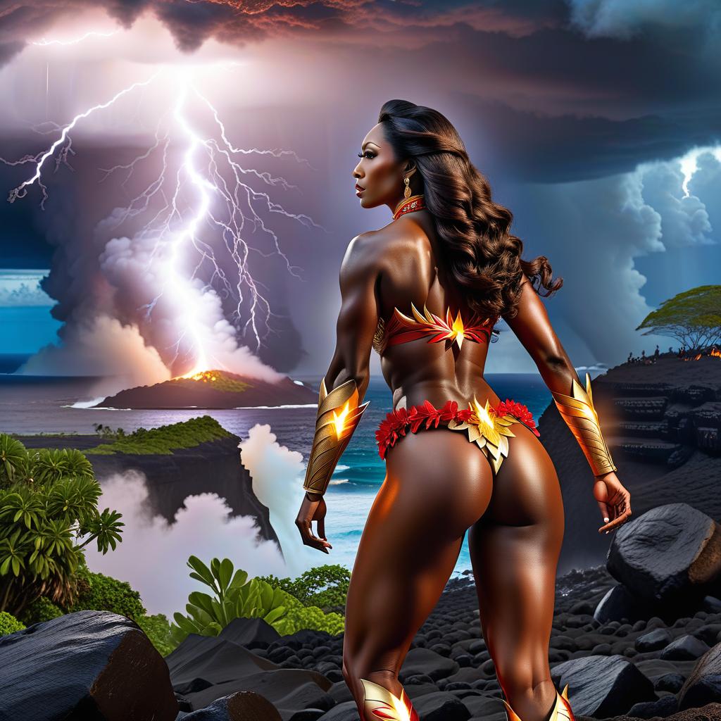  Epic picture: In the foreground, with her back to the observer, is the Hawaiian fire goddess Pele, who casts a spell that causes lightning to strike from heaven to earth. Background: a battle between Hawaiians and a giant is raging on the ground. View of everything happening from above from behind hyperrealistic, full body, detailed clothing, highly detailed, cinematic lighting, stunningly beautiful, intricate, sharp focus, f/1. 8, 85mm, (centered image composition), (professionally color graded), ((bright soft diffused light)), volumetric fog, trending on instagram, trending on tumblr, HDR 4K, 8K