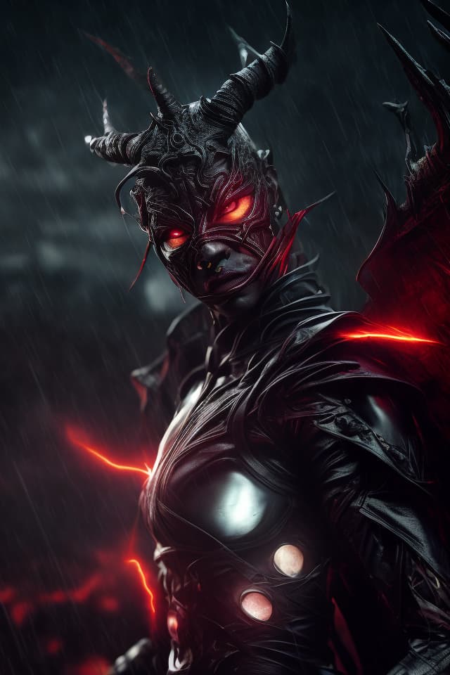  powerfull (demonic creature:1.2), red tech googles, demon mask, androgynous male, strong pose, tech heavy armor, Raiden, metal gear style, lightning effects, thunder effects, dark sky raining, god of thunder, dark hair, infernal city background, tall structures, infernal towers background, dark red colors, apocalyptical, far distance, full body, perfect detailed face, detailed symmetric circular iris, realistic, stunning realistic photograph, 3d render, octane render, intricately detailed, cinematic, Isometric, dark fantasy theme, mystical, Dark theme, underworld theme, deviant art masterpiece, white skin, crimson eyes, dark tattoos, colour grading, dark illustration, extreme quality, extremely detailed, ultra detailed face, ultra hd 8k, da