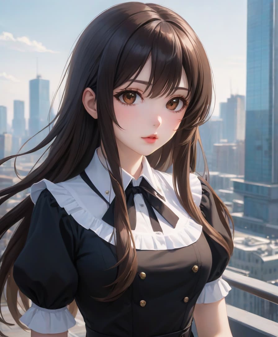  anime artwork beautiful , , oblique bangs, a mole under the lower lip in the middle of the chin. white skinned, European, brown eyes, long brown straight hair, side bangs, mole under the lower lip, slender figure, small neat s, dressed in a black dress with a white collar and white cuffs, full length, against the backdrop of a modern city. Skyscrs of Moscow City (photorealism, oil painting: 1.3), (full length shot: 1.3), charming , long flowing black hair, (large sensual mouth: 1.2), plump lips, sparkling brown eyes , narrow waist, (sensual drawing: 1.2), silvery glow, ethereal aura, detailed brushwork, intricate shadows and highlights, mysterious and captivating expression, unique color palette, masterf hyperrealistic, full body, detailed clothing, highly detailed, cinematic lighting, stunningly beautiful, intricate, sharp focus, f/1. 8, 85mm, (centered image composition), (professionally color graded), ((bright soft diffused light)), volumetric fog, trending on instagram, trending on tumblr, HDR 4K, 8K