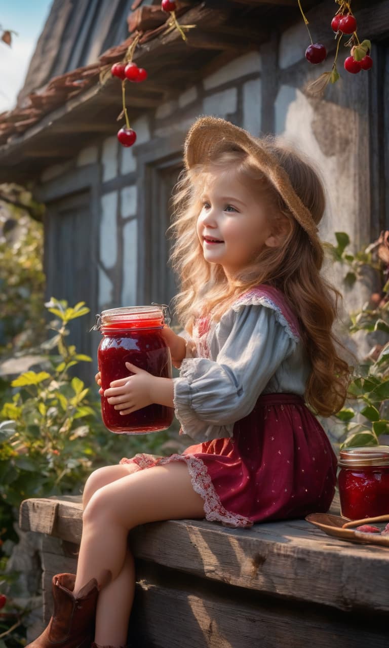  A cheerful Little girl sits and hugs a large jar of jam with her legs and eats cherry jam with her hand, lives on the roof, her face is stained with jam, in the style of a fairy tale hyperrealistic, full body, detailed clothing, highly detailed, cinematic lighting, stunningly beautiful, intricate, sharp focus, f/1. 8, 85mm, (centered image composition), (professionally color graded), ((bright soft diffused light)), volumetric fog, trending on instagram, trending on tumblr, HDR 4K, 8K