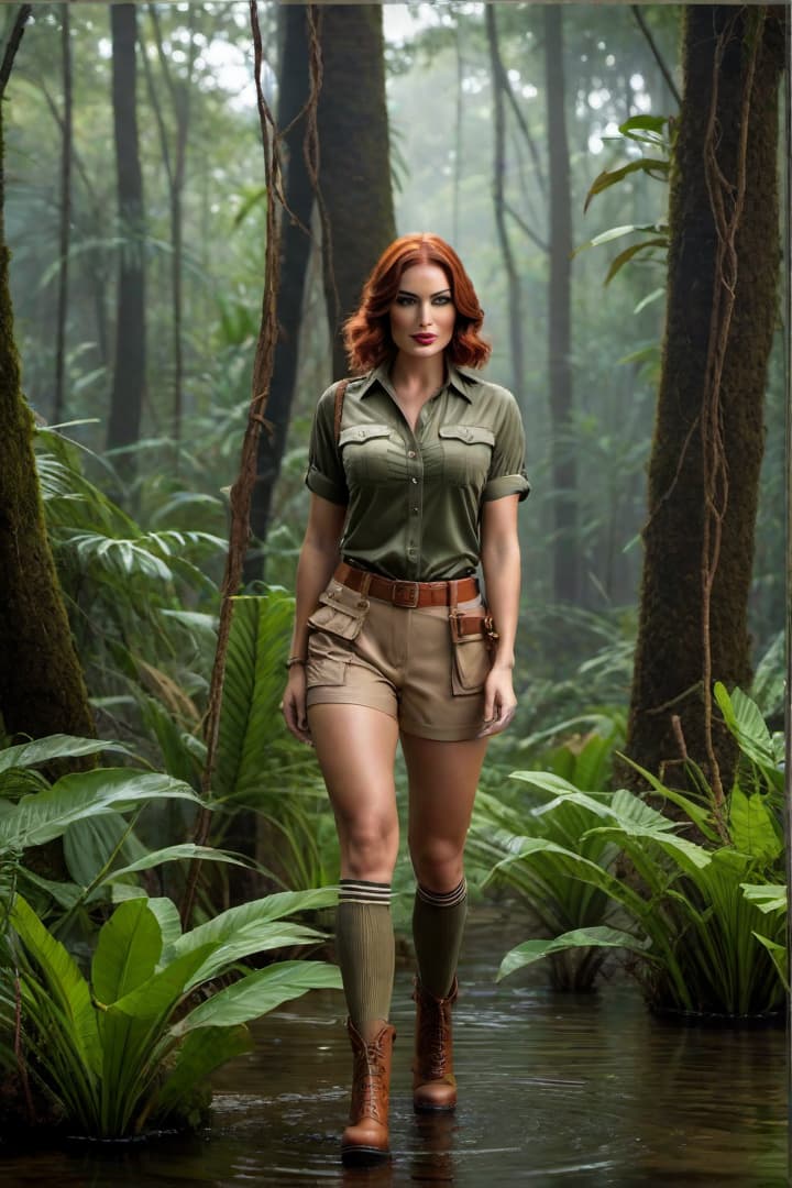  a 1920’s era young female,auburn haired,jungle explorer , wearing her khaki shorts and shirt with khaki knee socks , grabs onto a rope while waist deep in a swamp hyperrealistic, full body, detailed clothing, highly detailed, cinematic lighting, stunningly beautiful, intricate, sharp focus, f/1. 8, 85mm, (centered image composition), (professionally color graded), ((bright soft diffused light)), volumetric fog, trending on instagram, trending on tumblr, HDR 4K, 8K