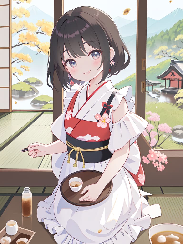  Japanese Painting Style, FRILL APRON, BARE SHOULDER, CARRY A TRAY, HAPPY SMILE, Japanese Cafe, Best Quality: 1.4, ULTRA DETALED EXTURE, Raw PhotOREALISTIC, Absurd Resolution, 8k Illustration, 💩, 💩, 💩, 💩, 💩, 💩,, masterpiece, best quality,8k,ultra detailed,high resolution,an extremely delicate and beautiful,hyper detail