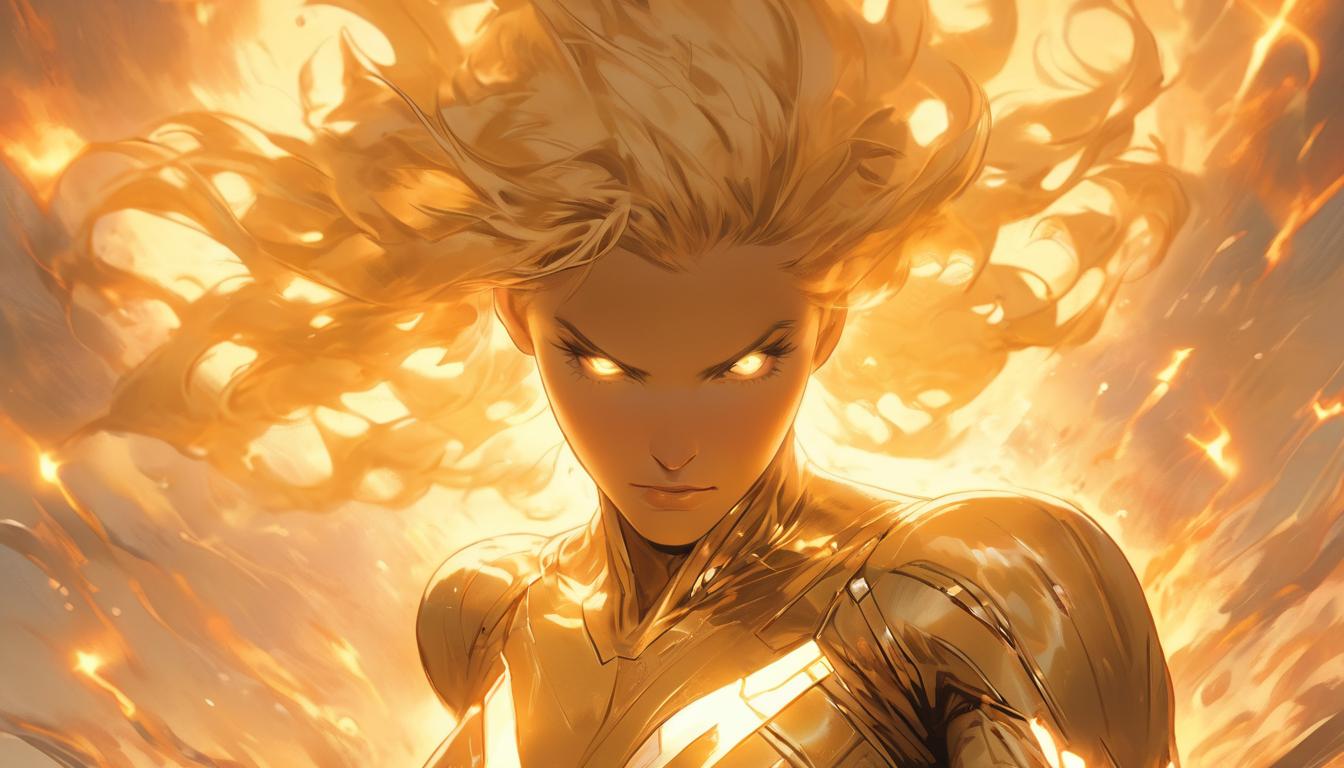  hyperrealism,fantasy aesthetic1woman, large busted blonde arian female humanoid, arms raised, radiating pure golden light, surrounded by celestial energy, exuding power and sovereignty, high tech clothing clad in sleek, futuristic costume with metallic accents and form fitting designs, marvel superhero comics style, unreal engine rendering