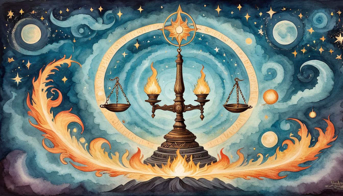  on parchment, surrealism+++, An abstract depiction of karma, celestial scales balancing flaming weights, starry backdrop, energy swirling around, ethereal and powerful, relentless justice(mysterious, provocative, symbolic,muted color)+++