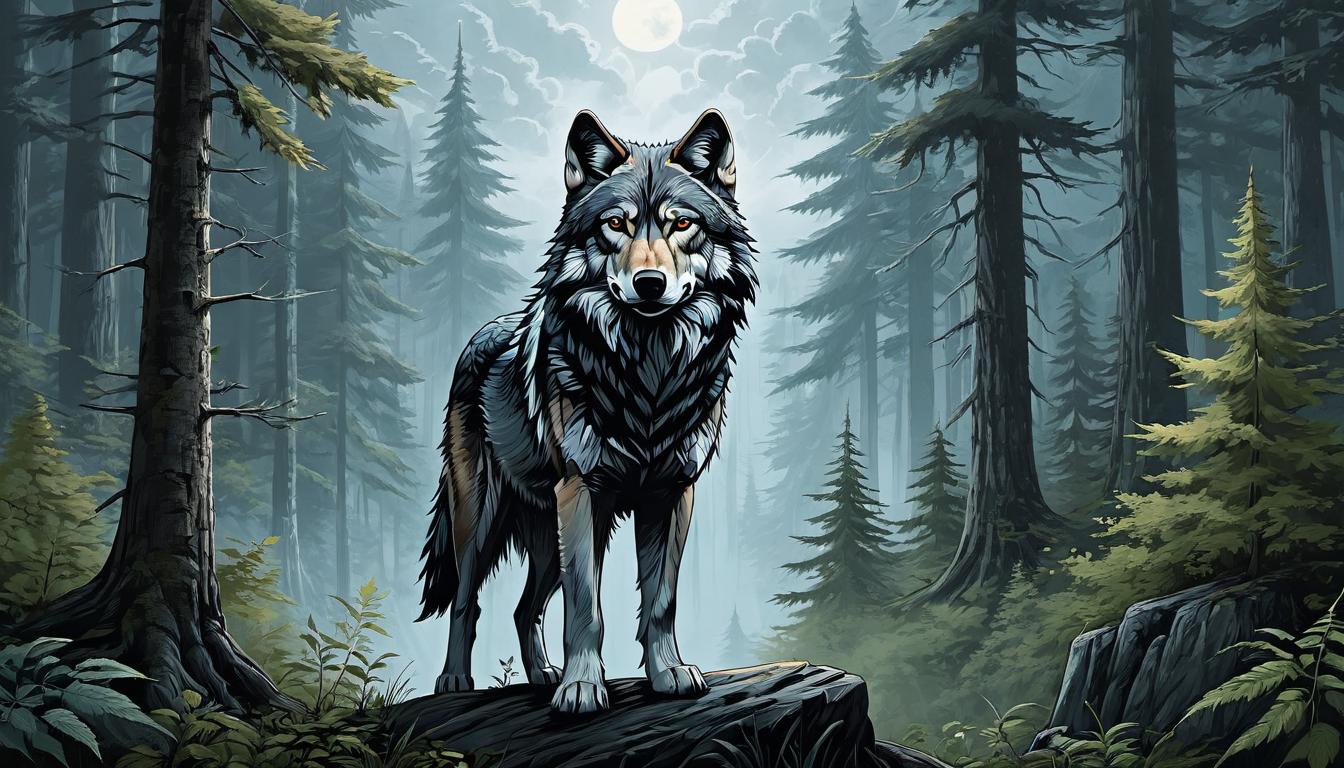  （surrealism)A majestic wolf standing proud amidst a forest clearing, eyes reflecting depth and intelligence, background of detailed flora, autonomy, wisdom mystic, intricate details, best quality)