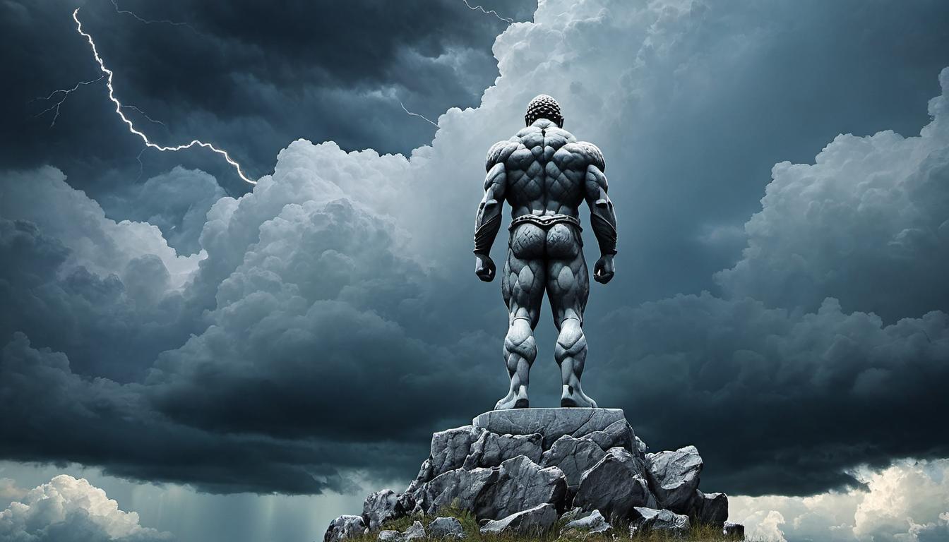  （surrealism)A granite statue, resolute human figure, legs apart, arms crossed, storm clouds gathering in the background, thunderous, resilient, strong mystic, intricate details, best quality)