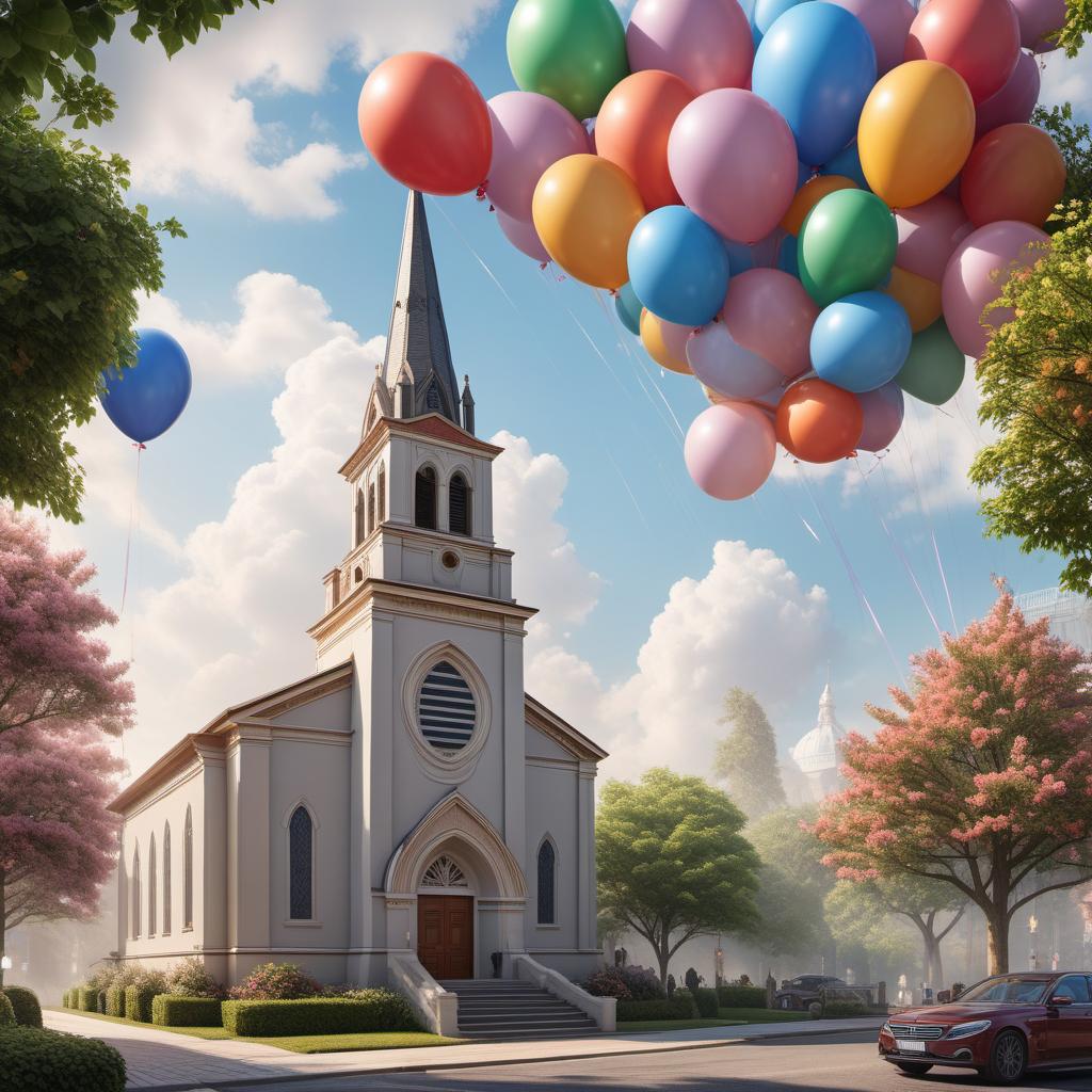  A festive image celebrating the 91st church anniversary. The scene should include a beautifully decorated church with a banner reading '91st Church Anniversary'. There should be a joyful congregation, colorful balloons, flowers, and a large cake with '91' on it. The sky should be bright and sunny, adding to the celebratory atmosphere. hyperrealistic, full body, detailed clothing, highly detailed, cinematic lighting, stunningly beautiful, intricate, sharp focus, f/1. 8, 85mm, (centered image composition), (professionally color graded), ((bright soft diffused light)), volumetric fog, trending on instagram, trending on tumblr, HDR 4K, 8K