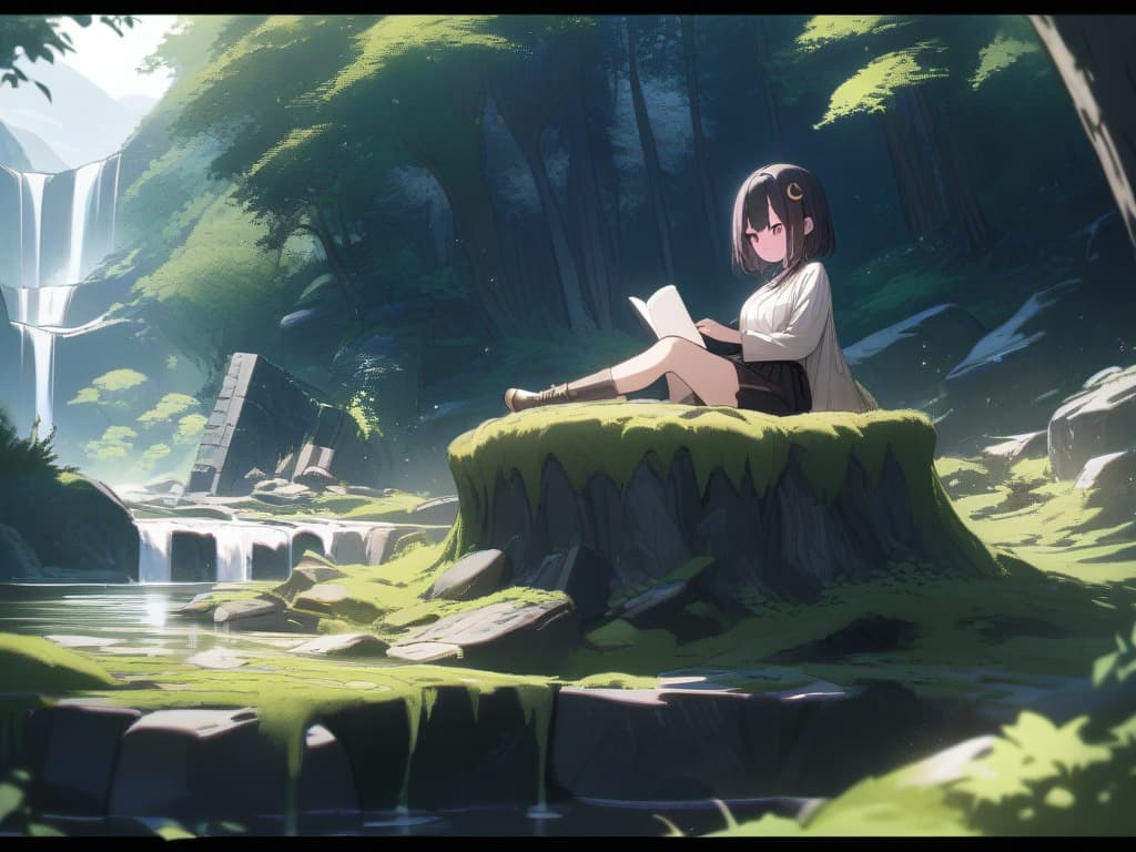  Forest,sunlight filtering through the trees,Mountain stream,moss covered rocks,broken shrine,moss covered building,forest,reading,best quality,beautiful,fantastic,cool girl,Black hair,(purple eyes),short,cropped hair,crescent moon hair ornament,On the stump, masterpiece, best quality,8k,ultra detailed,high resolution,an extremely delicate and beautiful,hyper detail