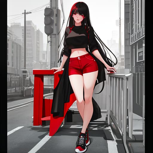  A young with black shorts, red shorts, and a tight black red top showing her perfect body shape, dark long hair, looking at the camera, smiling, red pupils, against a gray city backdrop, black sneakers, wearing earphones, hyperrealistic, full body, detailed clothing, highly detailed, cinematic lighting, stunningly beautiful, intricate, sharp focus, f/1. 8, 85mm, (centered image composition), (professionally color graded), ((bright soft diffused light)), volumetric fog, trending on instagram, trending on tumblr, HDR 4K, 8K