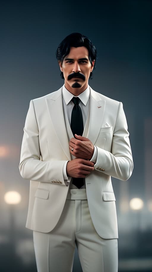  A powerful man is dressed in a black suit, with black hair, a gangster appearance. He has a mustache. He holds a with wavy, red hair to himself. She is elegant and very beautiful. She is wearing a white suit. She places her hand on the man's , looking at him disapprovingly. They stand in front of a city backdrop at night. They love each other, but don't acknowledge it. Romantic cover., Photorealistic, Hyperrealistic, Hyperdetailed, analog style, demure, detailed skin, pores, smirk, smiling eyes, matte skin, soft lighting, subsurface scattering, realistic, heavy shadow, masterpiece, best quality, ultra realistic, 8k, golden ratio, Intricate, High Detail, film photography, soft focus hyperrealistic, full body, detailed clothing, highly detailed, cinematic lighting, stunningly beautiful, intricate, sharp focus, f/1. 8, 85mm, (centered image composition), (professionally color graded), ((bright soft diffused light)), volumetric fog, trending on instagram, trending on tumblr, HDR 4K, 8K