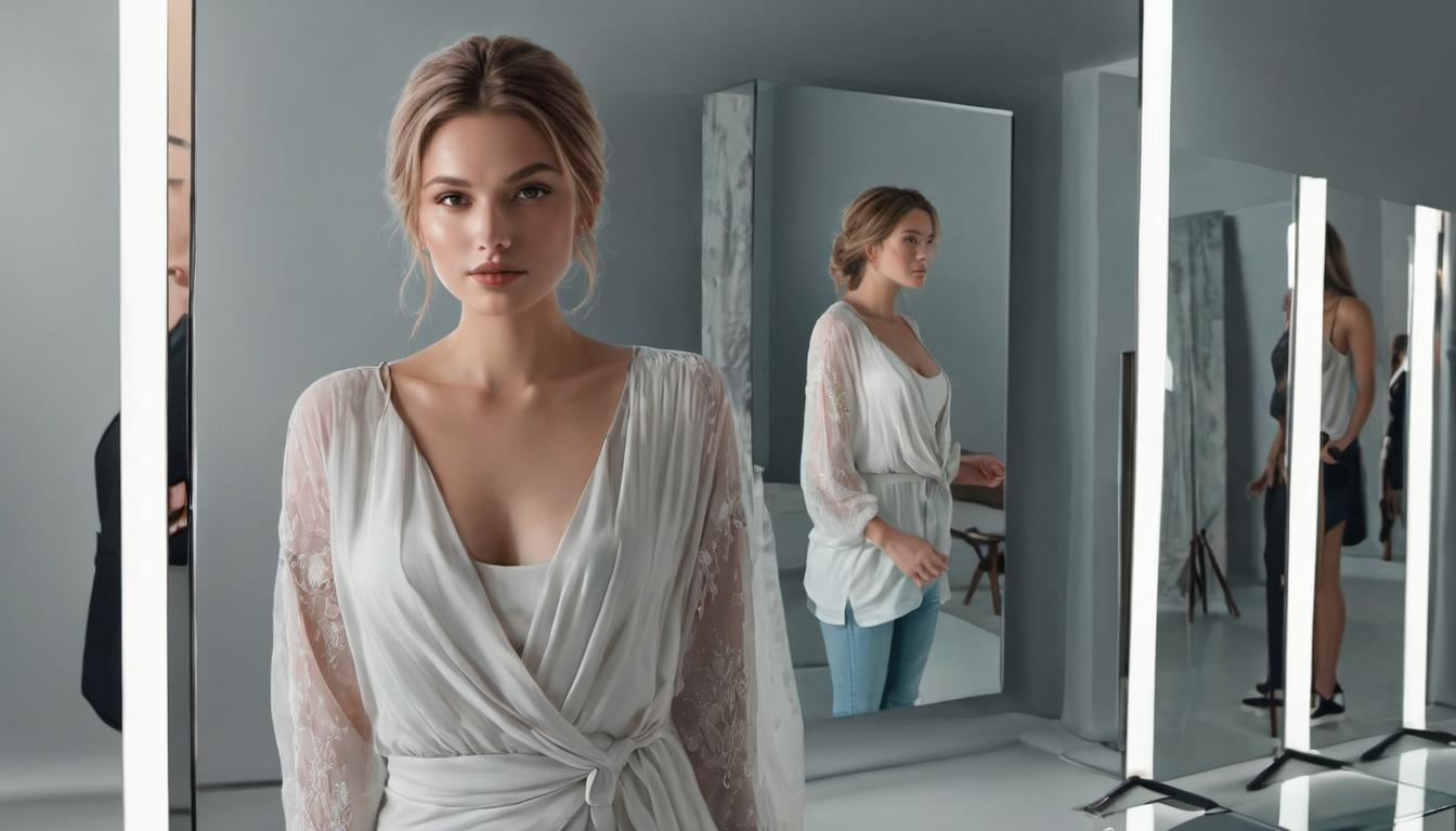  digital illustration, 1woman, standing strong in front of a mirror, reflection shows a confident and resilient self, background is simple and clear, emphasizing inner strength, looking at viewer, dynamic pose, (intricate details, masterpiece, best quality)