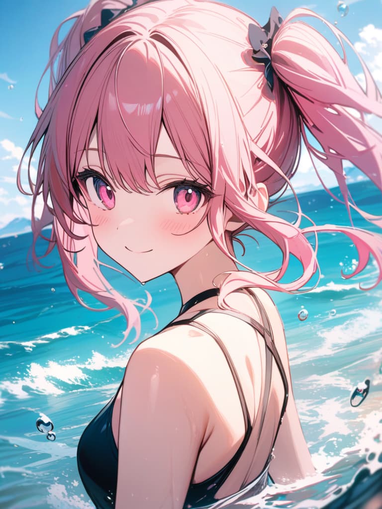  Cute, , big eyes, big s, , sea, beautiful, smiling, swimwear, true pink hair color, pink eyes, twin tails, fluffy hair, , splashes, back, masterpiece, best quality,8k,ultra detailed,high resolution,an extremely delicate and beautiful,hyper detail