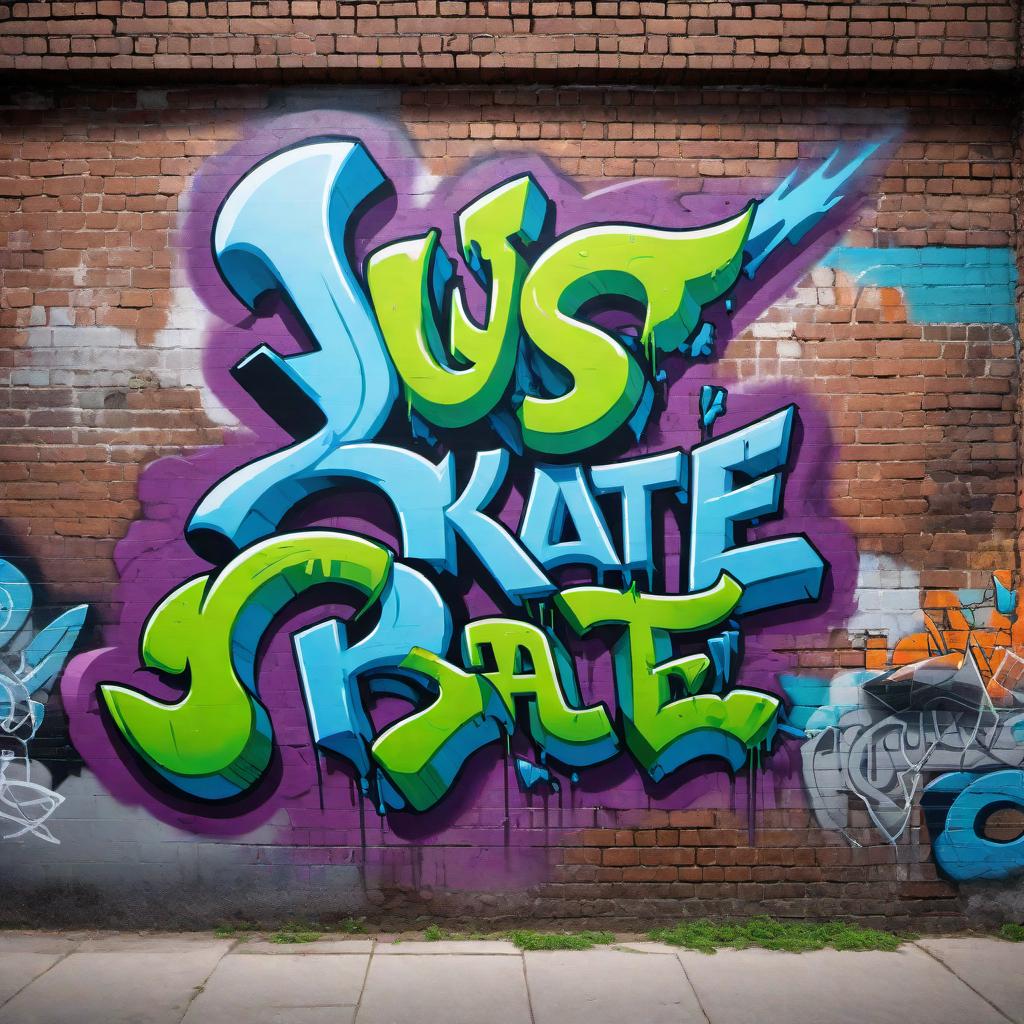  A vibrant graffiti artwork on a brick wall with the words 'Just Skate'. The text should be dynamic, colorful, and stylized with various shades of blues, greens, and purples. Surrounding the text, there should be cool graffiti elements like skateboards, wheels, and abstract shapes. The overall vibe should be energetic and urban, capturing the essence of the skate culture. hyperrealistic, full body, detailed clothing, highly detailed, cinematic lighting, stunningly beautiful, intricate, sharp focus, f/1. 8, 85mm, (centered image composition), (professionally color graded), ((bright soft diffused light)), volumetric fog, trending on instagram, trending on tumblr, HDR 4K, 8K