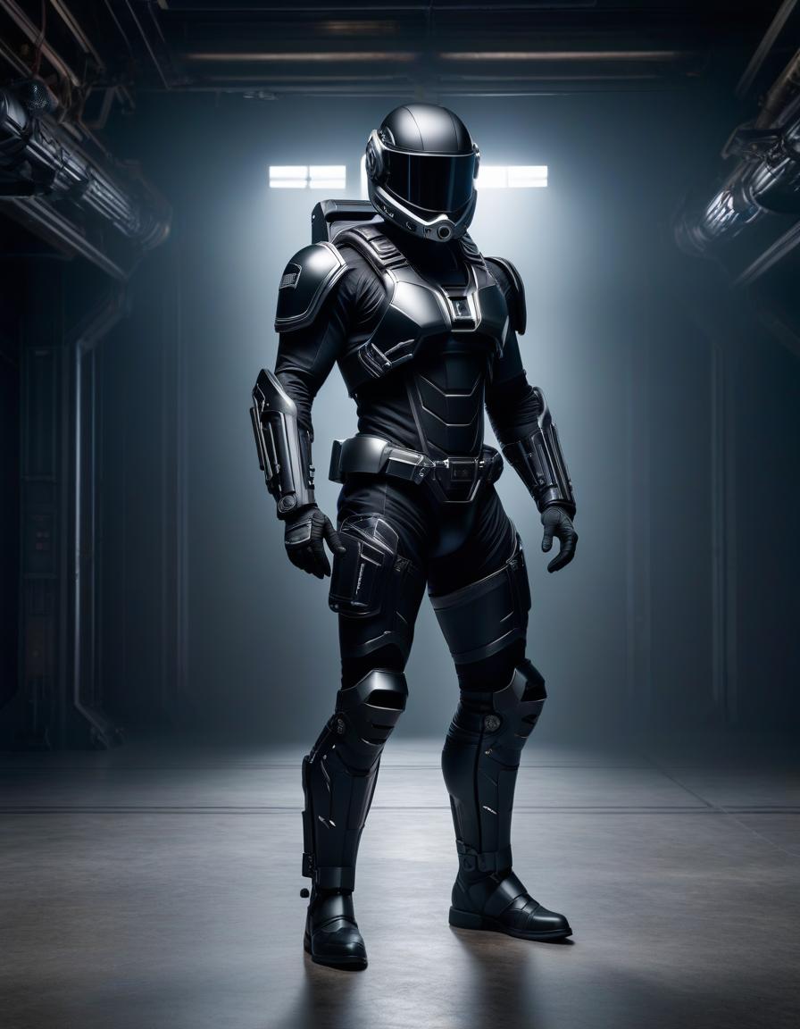  Book cover: A man in a black exoskeleton wearing a helmet, standing with his arms crossed over his chest. No background, very detailed and detailed model hyperrealistic, full body, detailed clothing, highly detailed, cinematic lighting, stunningly beautiful, intricate, sharp focus, f/1. 8, 85mm, (centered image composition), (professionally color graded), ((bright soft diffused light)), volumetric fog, trending on instagram, trending on tumblr, HDR 4K, 8K