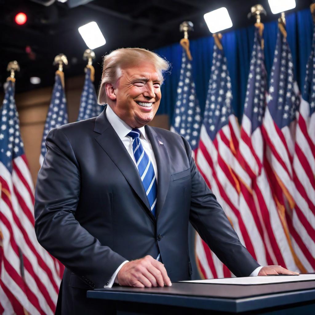  A very happy President Trump, wearing a suit and tie, with a big smile on his face, standing at a podium. There are decorations on the background to give the impression of a debate setting. His posture shows confidence, and there might be some indicators of celebration, like confetti in the air, to signify his victory after just winning a debate against Joe Biden. hyperrealistic, full body, detailed clothing, highly detailed, cinematic lighting, stunningly beautiful, intricate, sharp focus, f/1. 8, 85mm, (centered image composition), (professionally color graded), ((bright soft diffused light)), volumetric fog, trending on instagram, trending on tumblr, HDR 4K, 8K