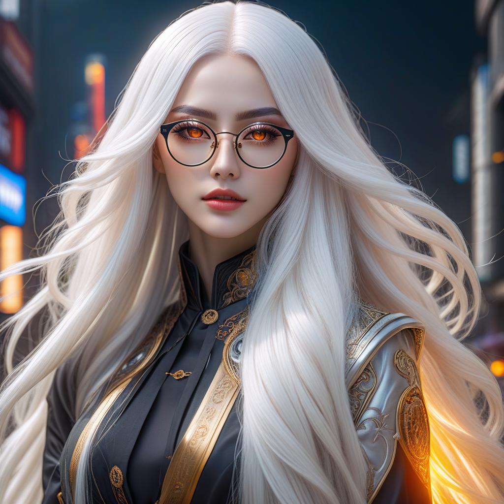  A girl with long white hair, heterochromia where one eye is red and the other is amber, wearing round glasses and sharp ears in the anime style. hyperrealistic, full body, detailed clothing, highly detailed, cinematic lighting, stunningly beautiful, intricate, sharp focus, f/1. 8, 85mm, (centered image composition), (professionally color graded), ((bright soft diffused light)), volumetric fog, trending on instagram, trending on tumblr, HDR 4K, 8K