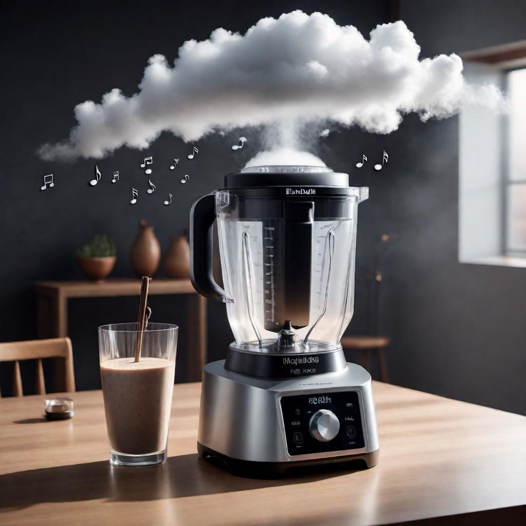  A blender with a cloud above it, and musical notes being sucked into the blender hyperrealistic, full body, detailed clothing, highly detailed, cinematic lighting, stunningly beautiful, intricate, sharp focus, f/1. 8, 85mm, (centered image composition), (professionally color graded), ((bright soft diffused light)), volumetric fog, trending on instagram, trending on tumblr, HDR 4K, 8K