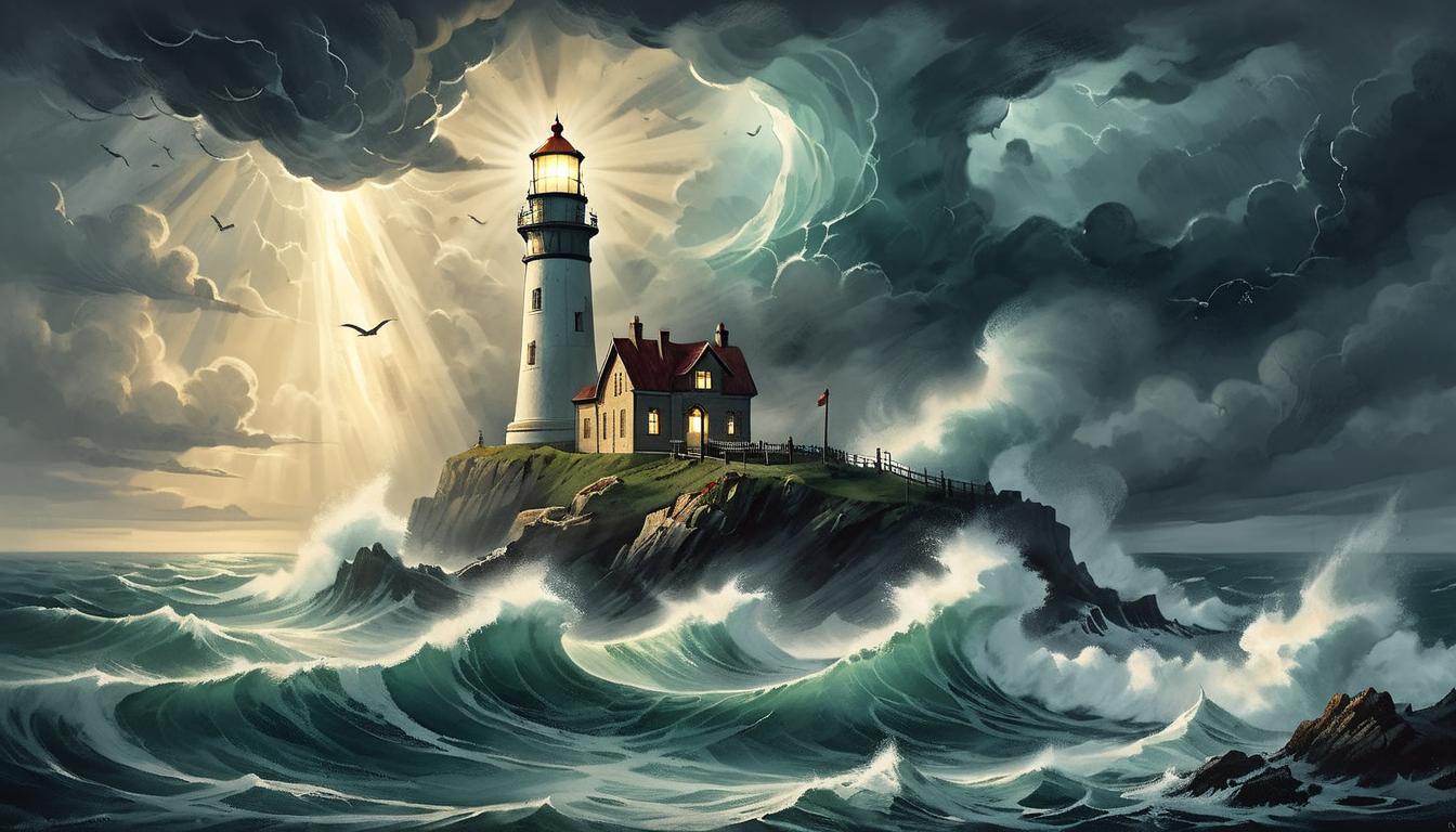  on parchment, surrealism+++, A radiant lighthouse standing resolutely on a craggy shore, beams of light piercing through a stormy sea, surrounding waves crashing ferociously, but lighthouse remains undeterred, symbol of strength and guidance(mysterious, provocative, symbolic,muted color)+++