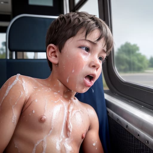  a very sweaty very young boy, caught on a public bus, is discovered by the viewer. The young 's face is rendered in exquisite detail, a look of and arousal as he realizes he's been caught the boy on the bus seat lets out a stream of warm, viscous liquid shooting out from his huge engorged erect tip coating his and splattering onto the floor of the bus, the pinnacle of his is his sweaty features, high-angle shot, dramatic angle, extreme angle shot, photo-realistic, volumetric fog, 85mm lens, HDR, cinematic