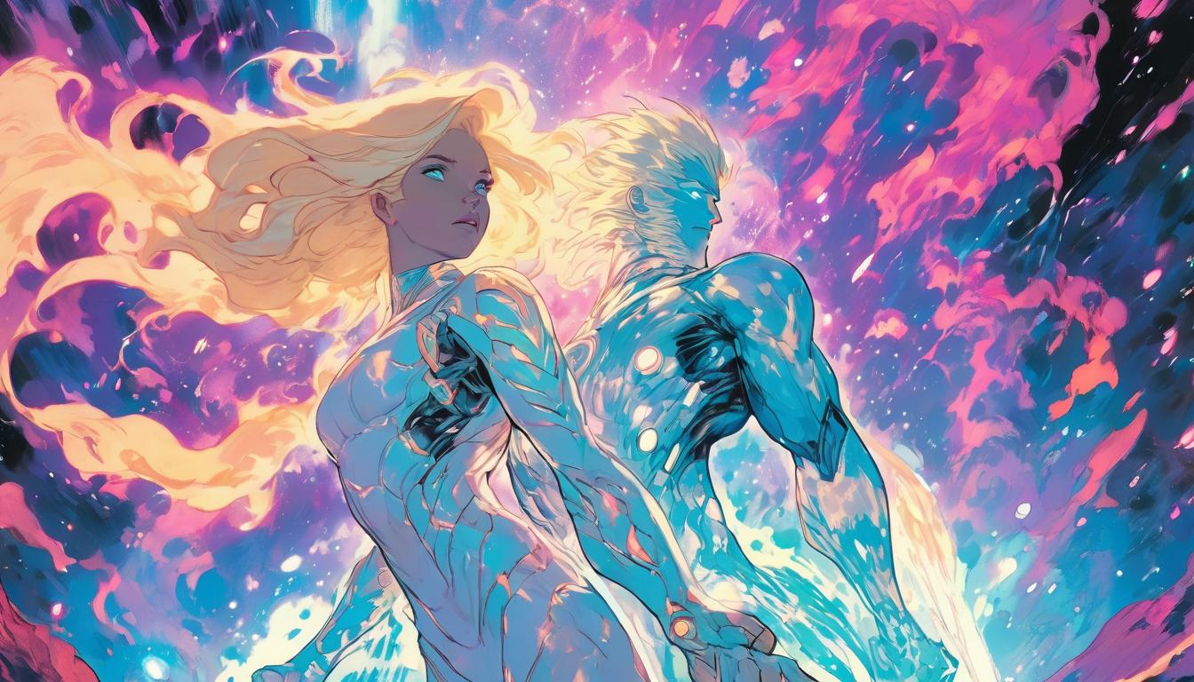  hyperrealism,fantasy aesthetic1man1woman, large busted attractive blonde arian female humanoid and handsome male humanoid, ascending into a bright cosmic portal, ethereal, urgent expression, high tech clothing clad in sleek, futuristic costume with metallic accents and form fitting designs, marvel superhero comics style, unreal engine rendering