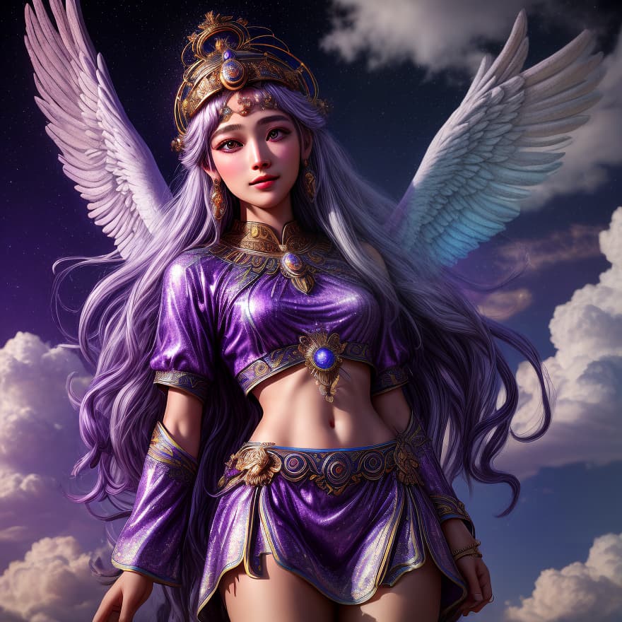  one goddees, 1 character, from sky, from heaven, A hyper realistic opal statue of Greek goddesses of dreams ((Oneiros)) Athena with colourful, peace god, Korean skin, a little smile cute and kind, on the purple clouds, magic lights falling, white wings, three quoter view, French girl face, sharp detailed, purple and gold clothes, dark purple hair, metallic carvings purple, Sparkling Golden Particles Trail Stars Glittering particle effect, dark purple background, Hyperdetailed photorealism, 108 megapixels, purple amazing depth, an Athena temple behind clouds, glowing rich colors, powerful imagery, psychedelic, cinematic lighting, Artstation concept art, smooth, sharp focus, 8k, an epic fantasy, Digital art. Highly detailed. Octane render. be