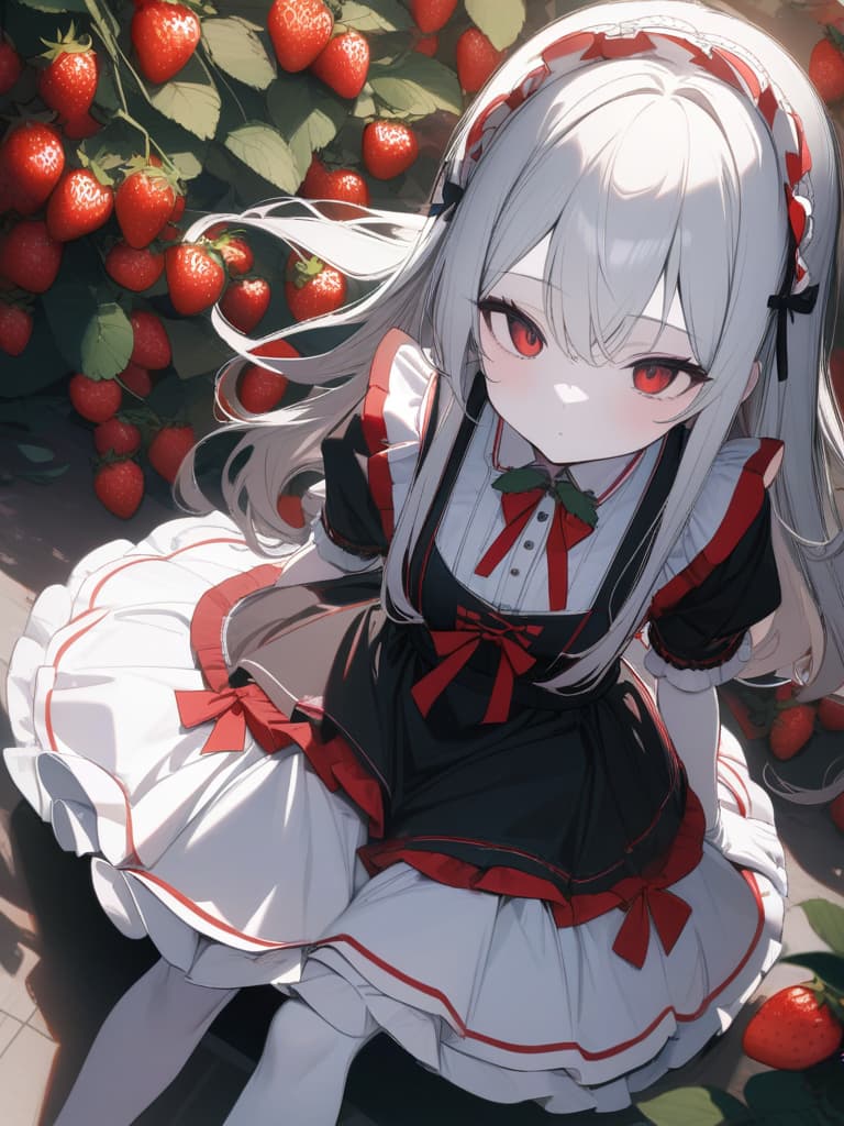  Cute, girl, white skin, fluffy hair, strawberry, fruit, white hair, red eyes, young face, long hair, thin eyes, thin body, strawberry clothes, maid clothes, frills, red and white clothes, masterpiece, best quality,8k,ultra detailed,high resolution,an extremely delicate and beautiful,hyper detail